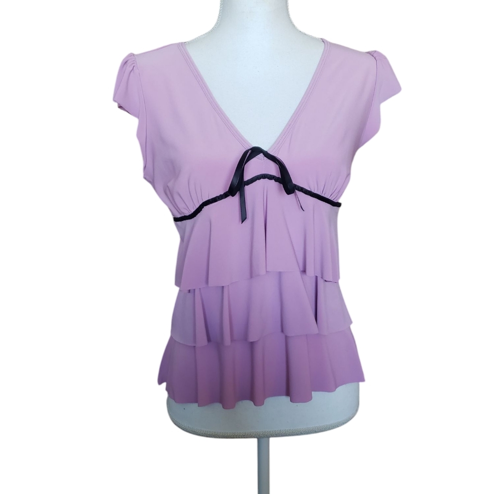 VTG Y2K L Babydoll Top Lilac Purple Flutter sleeve Ruffles Bow Coquette Girlhood